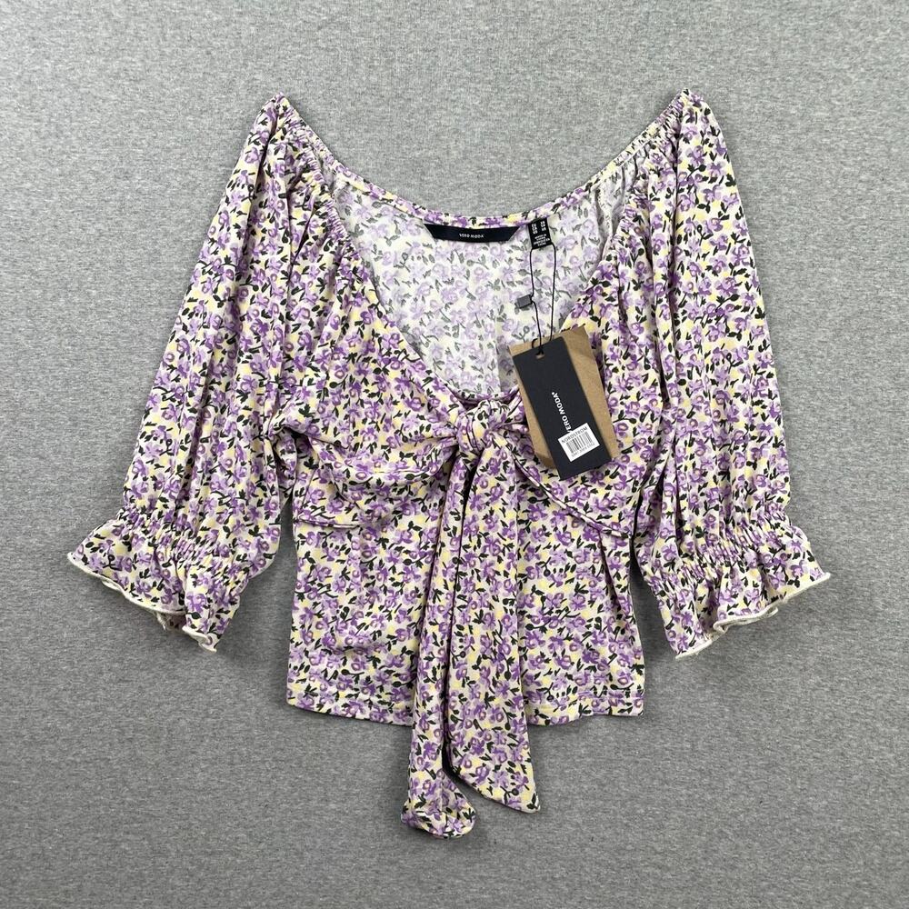 Vero Moda Top XS Purple Floral Tie Front Scoop Neck Boho Peasant Crop Preppy
